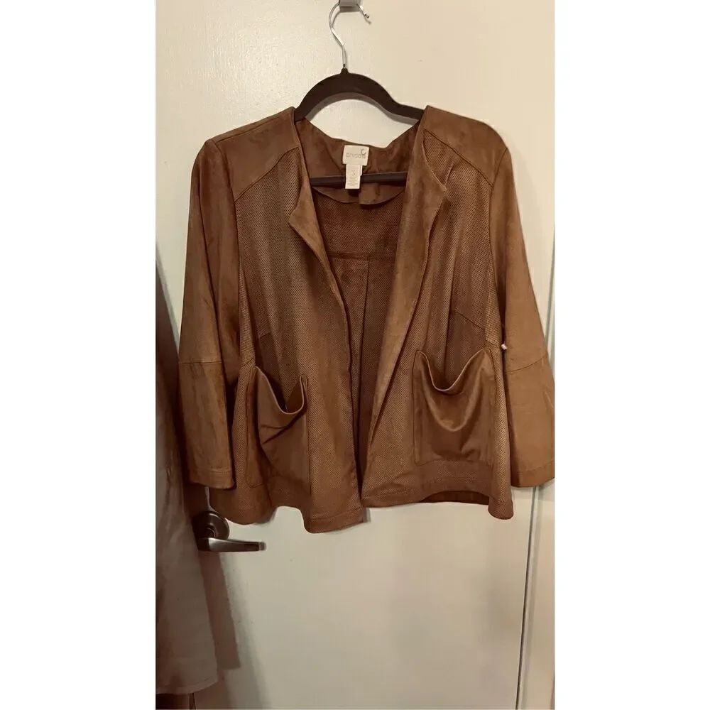 CHICO'S FAUX SUEDE PERFORATED PLEATED BLAZER JACKET SIZE 3 WOMENS SZ 16